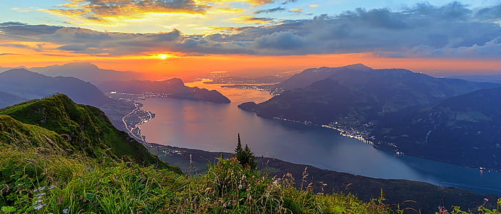 coucher de soleil sur idsland, Niederbauen Chulm, exploré, Sunset Lake, le lac de Lucerne, Vierwaldstättersee, randonnée, Suisse, rémanence, montagne, nature, paysage, lac, à l'extérieur, voyage, coucher de soleil, été, scenics, Fond d'écran HD