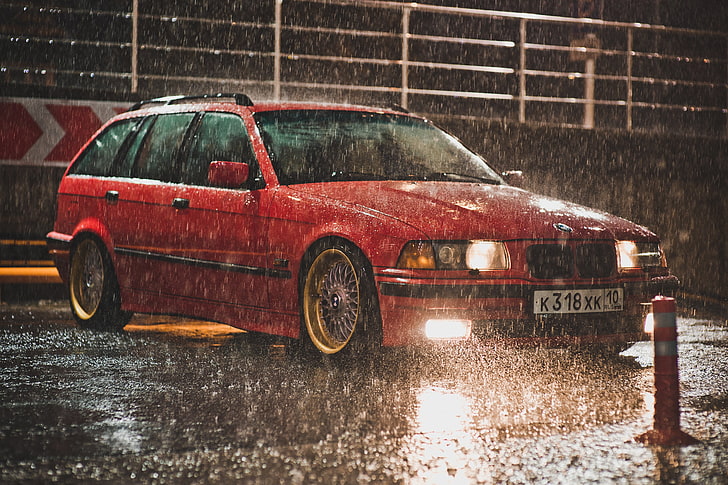 red BMW station wagon, rain, BMW, red, BBS, e36, Touring, HD wallpaper