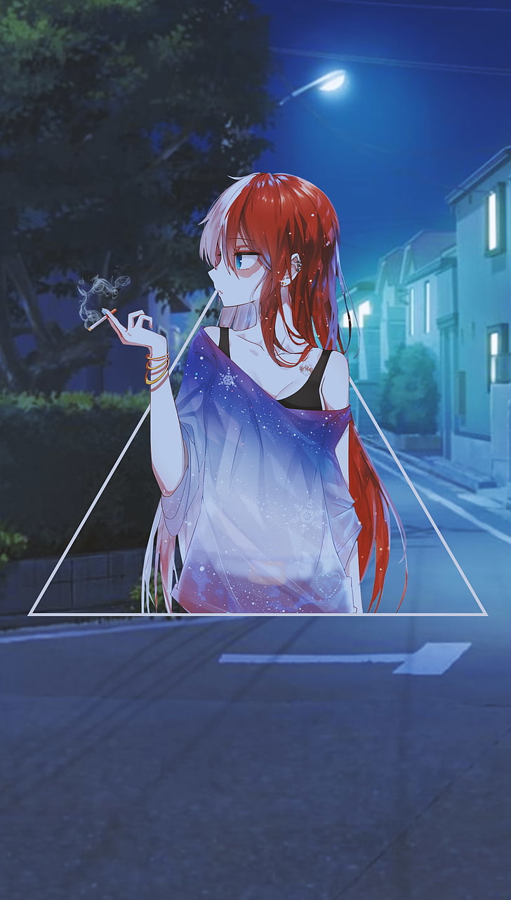 anime, anime girls, picture-in-picture, smoking, night, urban, redhead, HD wallpaper