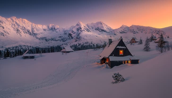 hiver, neige, montagnes, cabane, Tomasz Rojek, Fond d'écran HD