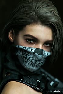 Smz-69, Jill Valentine, Resident Evil, цифровое искусство, женщины, брюнетка, фан-арт, девушки видеоигры, видеоигры, 3D, маска для лица, лицо, маска, PlayStation, Xbox, зеленые глаза, HD обои HD wallpaper