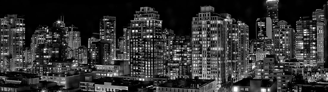 gråskalefoto av höghus, skyline, stadsbild, natt, svartvitt, HD tapet HD wallpaper
