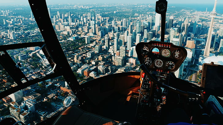 metropolitan, flight, controls, mechanics, buildings, tower block, cn tower, cityscape, skyscrapers, helicopter, urban, downtown, birds eye view, aerial photography, vehicle, cockpit, canada, toronto, HD wallpaper