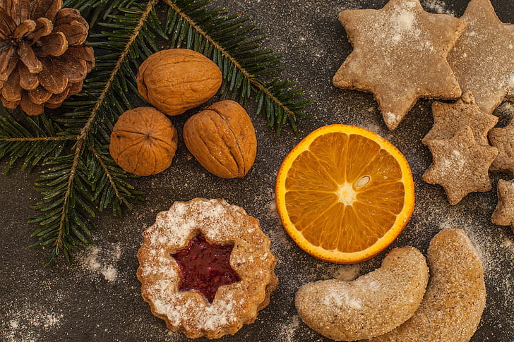 orange, pine cones, cookie, sugar powder, peanuts, dessert, Food, HD wallpaper