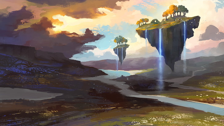trees, river, art, waterfalls, painted landscape, flying Islands, HD wallpaper