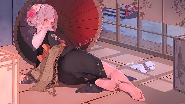 anime, anime girls, umbrella, lying on side, feet, foot sole, kimono, looking back, looking at viewer, flower in hair, braided hair, HD wallpaper