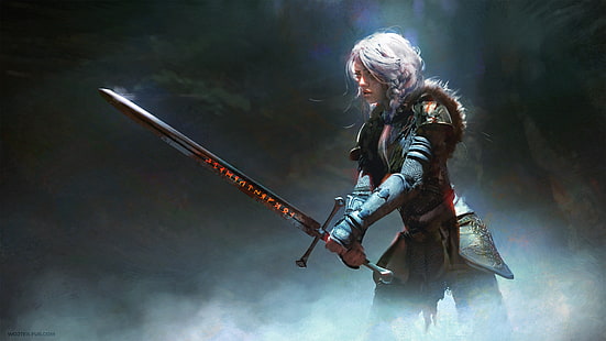 Ciri from Witcher, kobieta trzymająca miecz, tapeta cyfrowa, miecz, kobiety, zbroja, światła, ciemność, mgła, Wiedźmin, Cirilla Fiona Elen Riannon, fantasy art, wojownik, Wiedźmin 3: Dziki Gon, Tapety HD HD wallpaper
