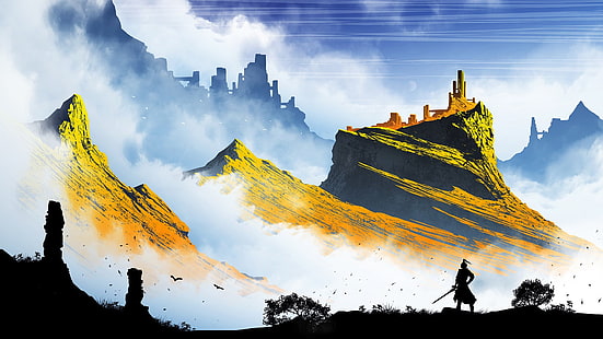 carta da parati digitale verde della catena montuosa, materiale illustrativo, illustrazione, montagne, fantasy art, tramonto, Kvacm, Sfondo HD HD wallpaper