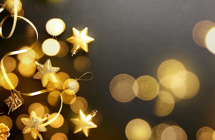decoration, balls, New Year, Christmas, golden, black background, black, gold, bokeh, Merry, HD wallpaper