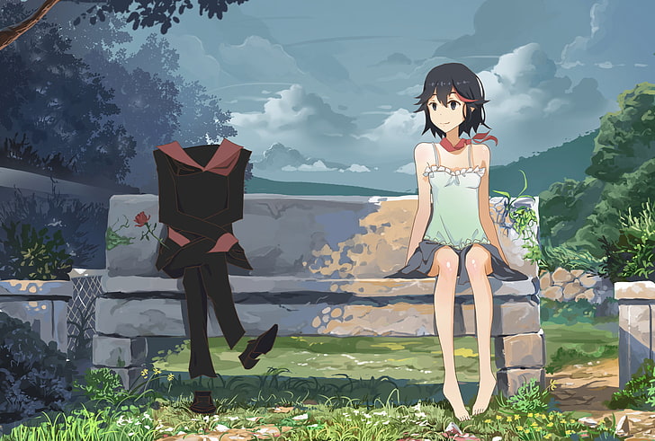 Черноволосая женщина сидит на скамейке иллюстрации, аниме, Kill la Kill, Matoi Ryuuko, Senketsu, аниме девушки, HD обои