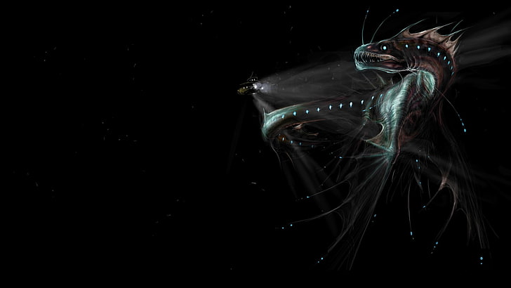 морско същество илюстрация, черен фон, абстрактно, дигитално изкуство, под вода, подводница, морски чудовища, риба, фентъзи изкуство, HD тапет