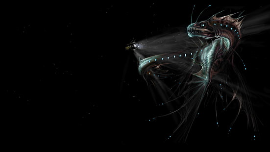 illustration de créature marine, fond noir, abstrait, art numérique, sous l'eau, sous-marin, monstres marins, poisson, art fantastique, Fond d'écran HD HD wallpaper