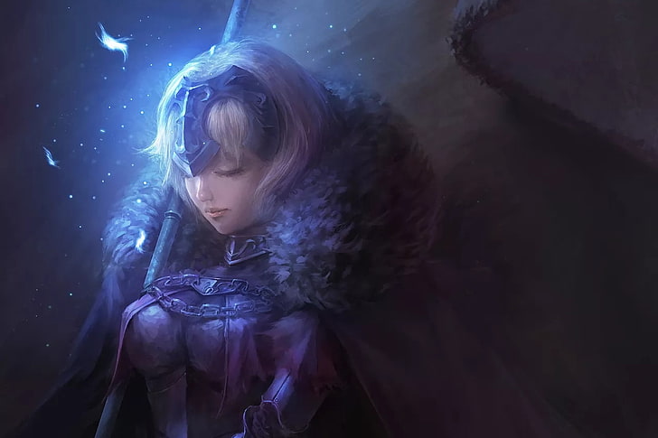 Jeanne (Alter) (Fate / Grand Order), Jeanne d'arc alter, Fate / Grand Order, Avenger (Fate / Grand Order), lans, krigare, kort hår, slutna ögon, animeflickor, videospelflickor, lila, HD tapet