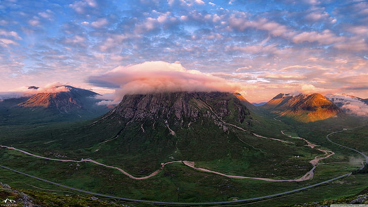 Scottish Highlands, river, nature, landscape, clouds, sky, mountain pass, forest, HD wallpaper