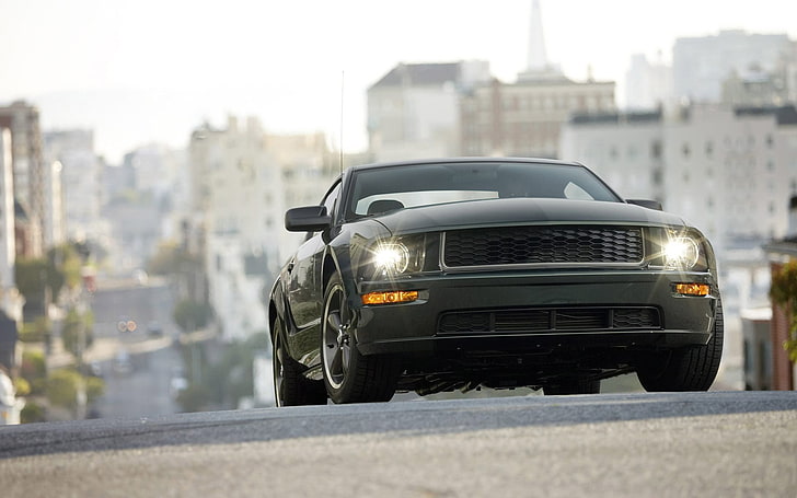 black Ford Mustang GT coupe, machine, cars, road, car walls, auto pictures, ford mustang bullitt, Ford Mustang, HD wallpaper