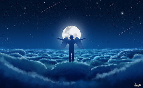 anjo, lua, além das nuvens, estrelas, noite, fantasia, HD papel de parede HD wallpaper