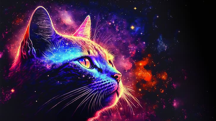 KI-Kunst, Illustration, Katzen, Weltraum, Universum, Nebel, HD-Hintergrundbild