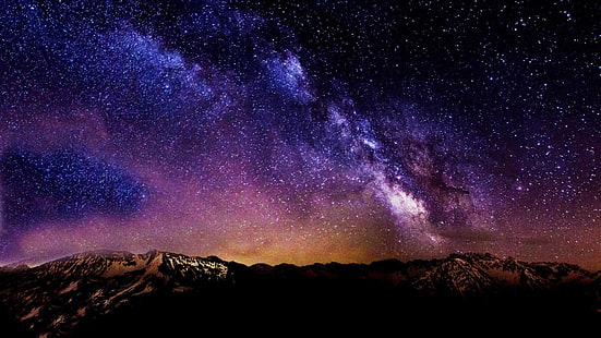 svart berg, stjärnor, natt, landskap, stjärnklar natt, berg, lång exponering, galax, stjärnfall, komet, HD tapet HD wallpaper