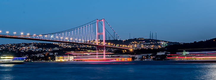 body of water with pink and black bridge photo, istanbul, istanbul, Ships, Bosphorus, Istanbul, body of water, pink and black, black bridge, photo, night, bridge - Man Made Structure, famous Place, architecture, transportation, traffic, suspension Bridge, cityscape, urban Scene, HD wallpaper