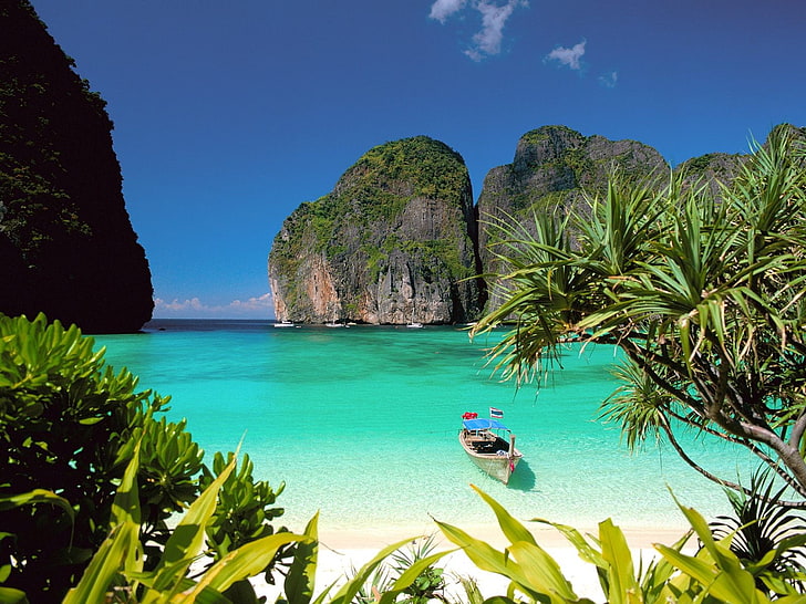 coast, beach, tropical, Thailand, cliff, bay, sea, HD wallpaper