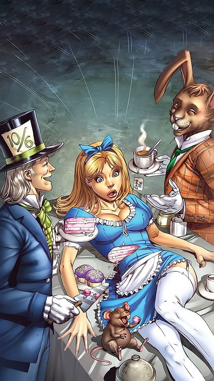 woman wearing blue dressdigital wallpaper, fairy tale, Alice, Mad Hatter, Alice in Wonderland, cake, HD wallpaper