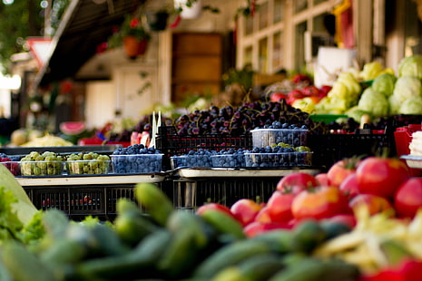 mirtilli, ciliegie, città, cetriolo, cibo, frutta, lattuga, mercati, lamponi, pomodori, verdure, Sfondo HD HD wallpaper
