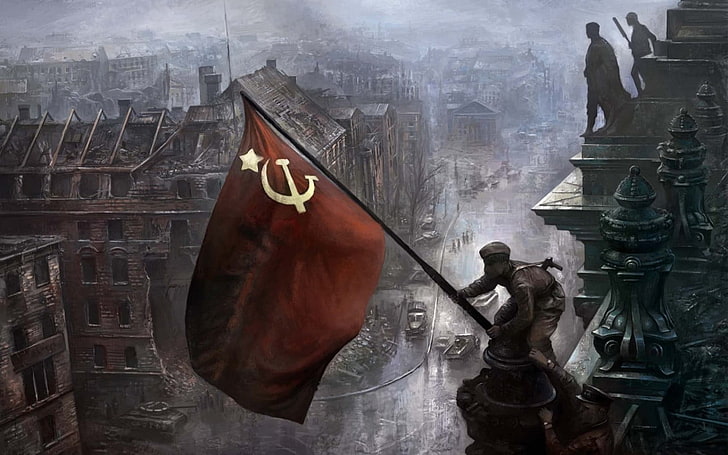 pria memegang bendera merah dan putih di atas bangunan wallpaper digital, Berlin, Uni Soviet, Perang Dunia II, Jerman, Reichstag, tentara merah, Hearts of Iron 3, Wallpaper HD