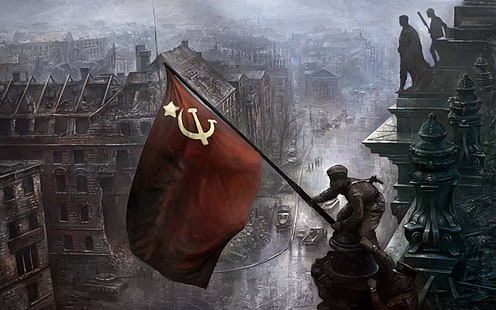 мъж, държащ червено и бяло знаме на върха на изграждането на дигитален тапет, Берлин, СССР, Втората световна война, Германия, Райхстаг, Червена армия, Hearts of Iron 3, HD тапет HD wallpaper
