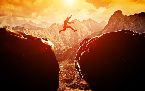 Sunset Adventure Rocks Jump, person jumping on cliff poster, Sports, Other, mountains, sunset, rocks, climbing, jump, adventure, HD wallpaper HD wallpaper
