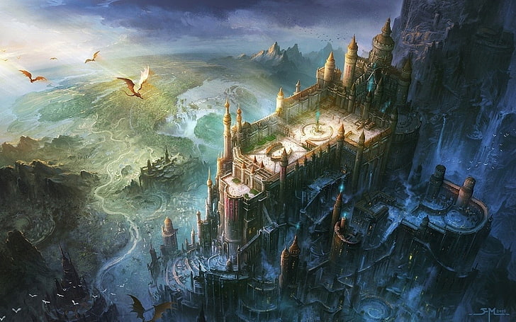 castle wallpaper, castle, dragon, artwork, digital art, Minas Tirith, The Lord of the Rings, HD wallpaper
