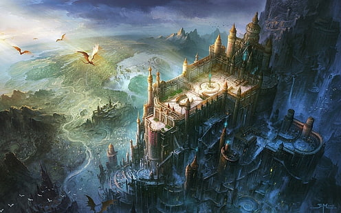 castle wallpaper, castle, dragon, artwork, digital art, Minas Tirith, The Lord of the Rings, HD wallpaper HD wallpaper