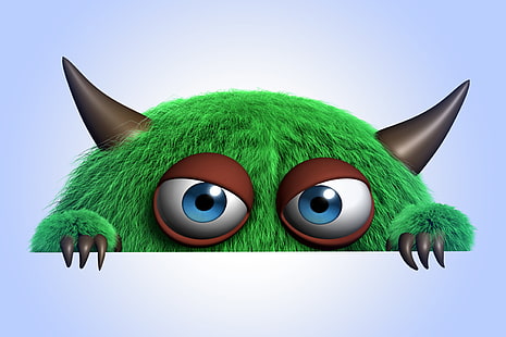 green monster 3D illustration, monster, cartoon, character, funny, cute, fluffy, HD wallpaper HD wallpaper