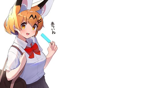 weißer Hintergrund, Anime, Anime-Mädchen, Kemono-Freunde, Serval (Kemono-Freunde), Eisknall, Tierohren, Sommer, HD-Hintergrundbild HD wallpaper
