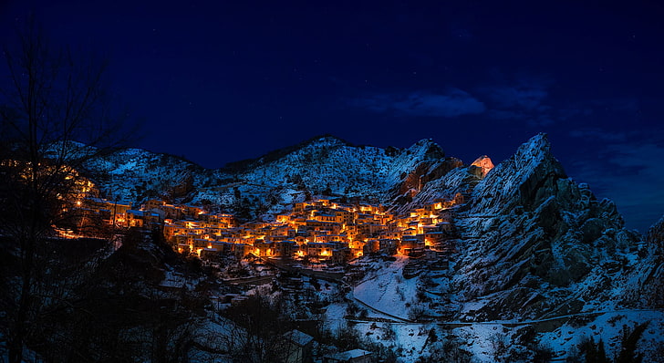 foto rumah di gunung, malam, awan, alam, rumah, lampu, salju, musim dingin, Wallpaper HD