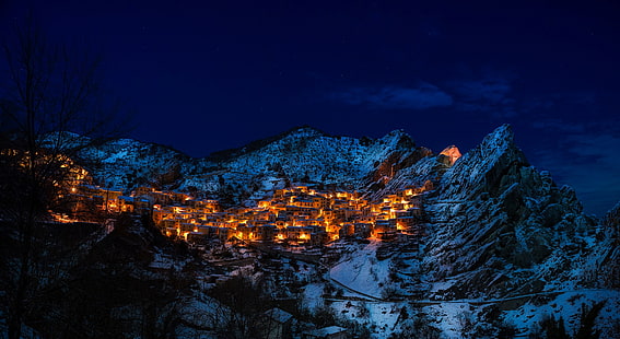 foto von haus am berg, nacht, wolken, natur, haus, lichter, schnee, winter, HD-Hintergrundbild HD wallpaper