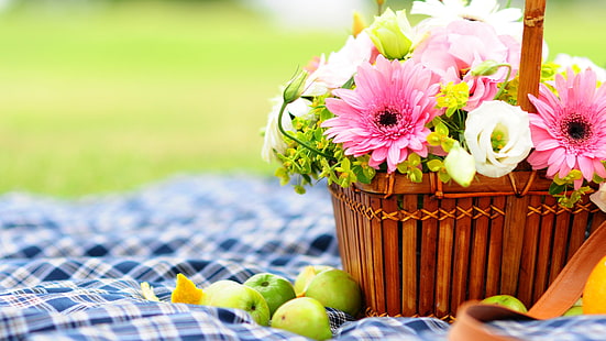 fotografi selektif fokus keranjang piknik penuh bunga, Gerbera, 4k, wallpaper HD, Bunga, piknik, bascet, apel, Wallpaper HD HD wallpaper