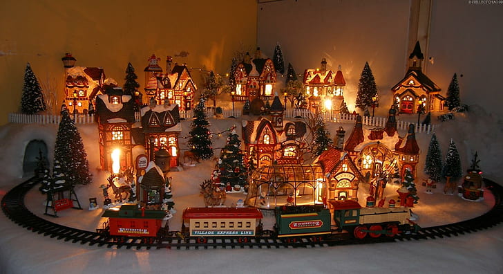 Christmas In The Town, christmas village set with train, new year, lovely, merry christmas, happy new year, magic, beautiful, gold, snow, town, holiday, gift, HD wallpaper