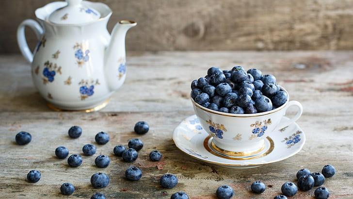 cangkir, teh, permukaan kayu, buah, blueberry, Wallpaper HD