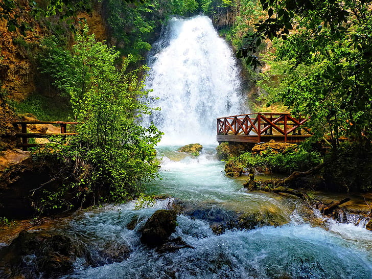 Vacker skog vattenfall, härlig, ström, falla, natur, vacker, grön, vattenfall, växter, vatten, träd, skog, fredlig, HD tapet