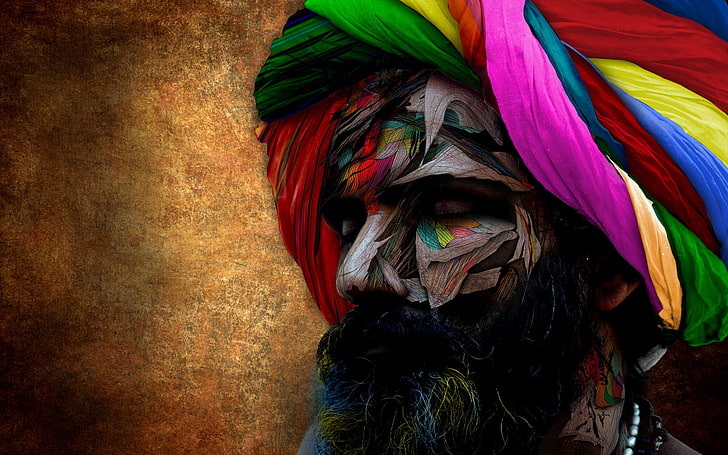 multicolored bust with turban painting, Indian, headdress, colorful, men, beards, artwork, HD wallpaper