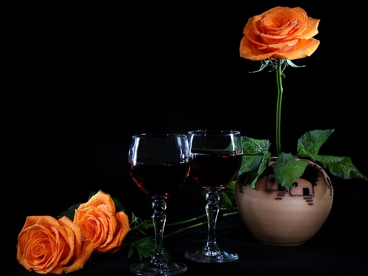 glasses, roses, vase, wine, HD wallpaper