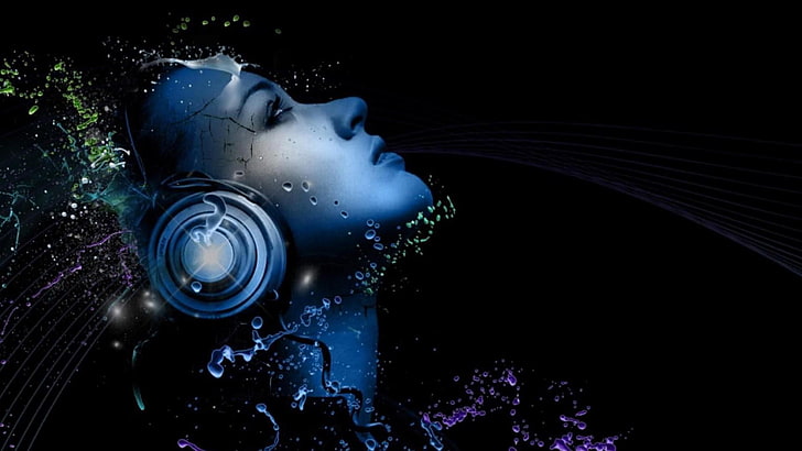 music, headphones, girl, blue, HD wallpaper