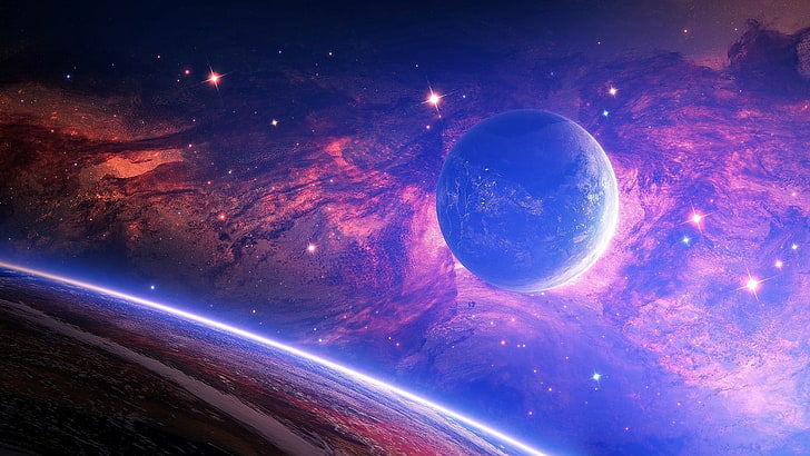 planet and galaxy, planet, light, spots, space, HD wallpaper