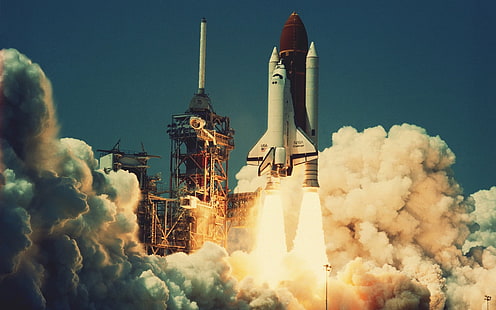weißes und rotes Space Shuttle, Start, NASA, Space Shuttle, HD-Hintergrundbild HD wallpaper
