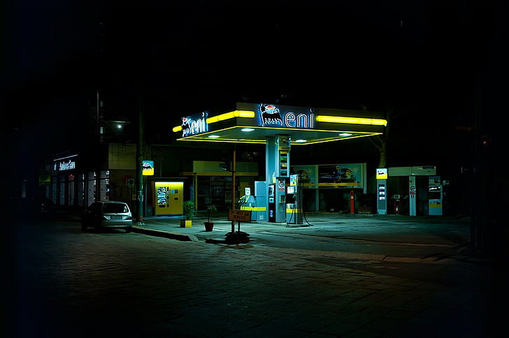 stacje benzynowe, miejskie, nocne, samochodowe, uliczne, neony, Tapety HD