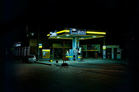 postos de gasolina, urbanos, noite, carro, luz de rua, luzes de neon, HD papel de parede HD wallpaper