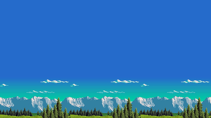 живопись гор и деревьев, пиксель арт, 8 бит, ретро игры, HD обои