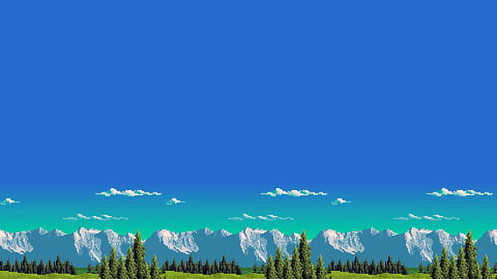 malowanie gór i drzew, pixel art, 8-bit, gry retro, Tapety HD HD wallpaper