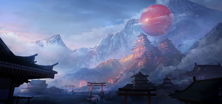 Fantasy, Oriental, Japan, Landscape, Mountain, HD wallpaper