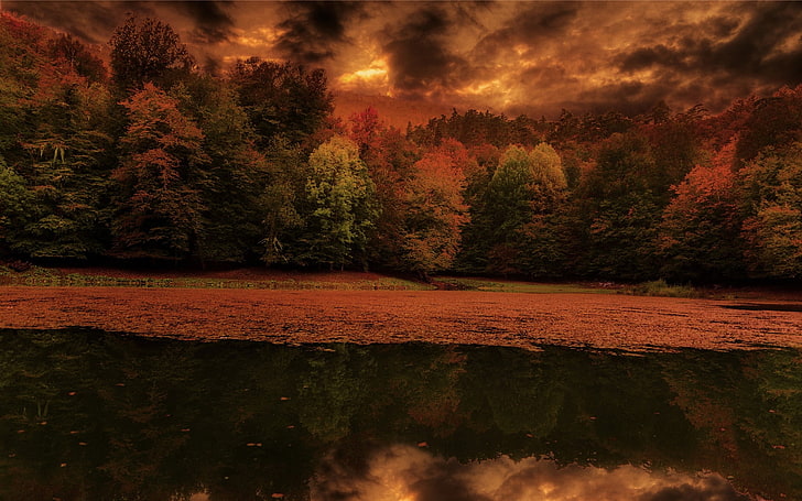 nature, landscape, lake, leaves, forest, fall, sunset, sky, trees, clouds, water, reflection, HD wallpaper